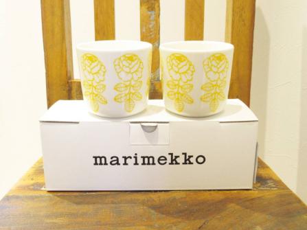 日本限定！国内正規品・新品【marimekko/Vihkiruusu】ラテマグ2個セット200ml/ヴィヒキルースイエロー/薔薇柄マリメッココーヒーカップ 