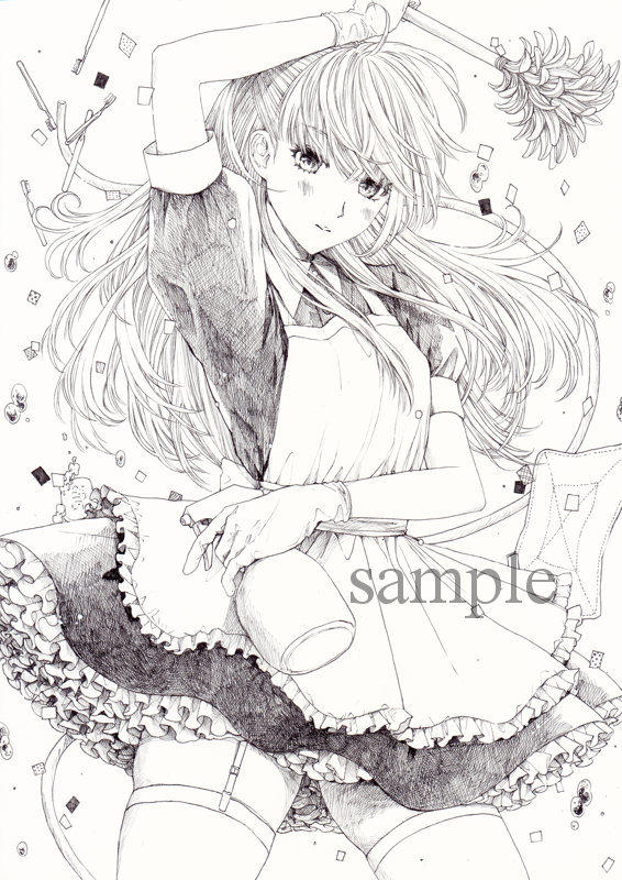 ◎オリジナル◎手描きイラスト お掃除メイド ペン画☆A4(手描き