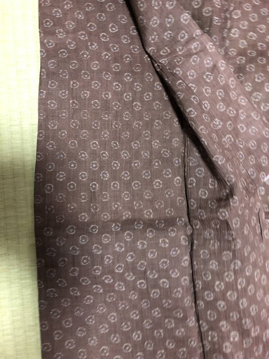 本麻 バチ襟 女物 着物 小千谷縮 こげ茶に水玉模様 □これぞ私の麻着物