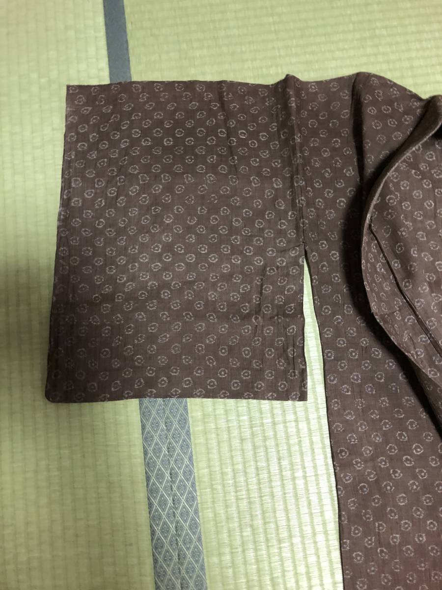 本麻 バチ襟 女物 着物 小千谷縮 こげ茶に水玉模様 □これぞ私の麻着物