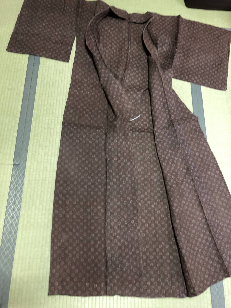 本麻 バチ襟 女物 着物 小千谷縮 こげ茶に水玉模様 □これぞ私の麻着物