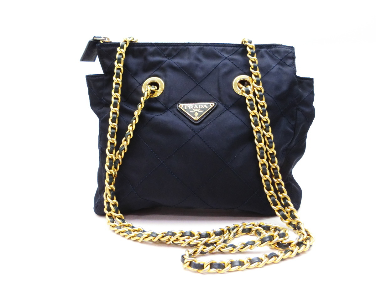 ◇Y10849 PRADA プラダ ナイロン キルティング レザー チェーン