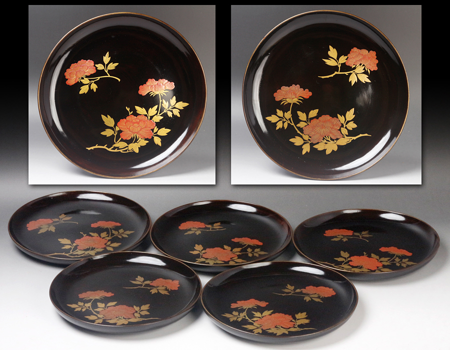 品質保証，豊富な 【源・h】《上手品》黒塗 牡丹蒔絵 菓子皿 二種五客