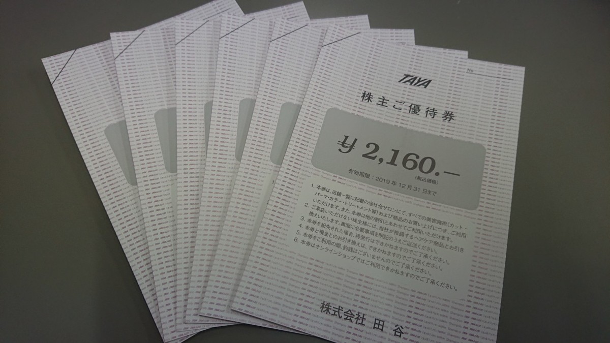 最新 送料込み　TAYA　田谷株主優待券2160円×6枚分　12960円分　2019年12月31日まで