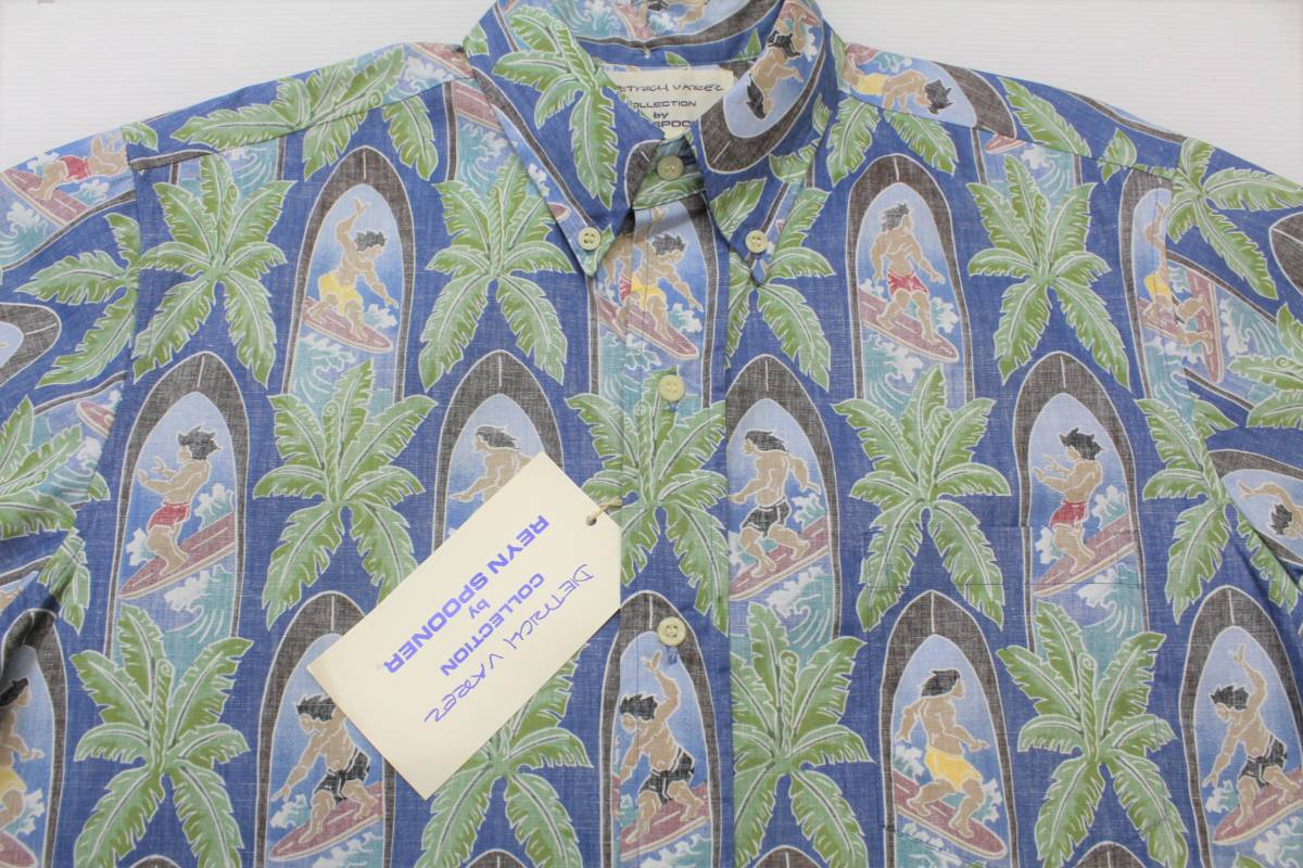 RSS19レインスプーナーLサーフィン パームツリーUSA製100%COTTONボタンダウン 半袖 アロハシャツREYN SPOONERデートリッヒ ハワイ製