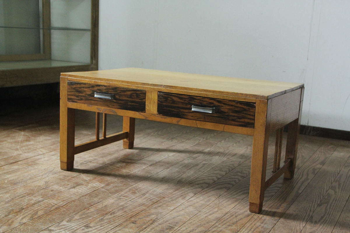 昭和レトロ！古い文机！抽斗2杯！座敷机⁄ローボード⁄テレビ台⁄黒柿模様