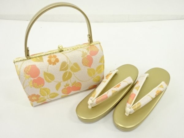 576914# 【1円~】新品 いちご唐草模様織出し振袖用和装バッグ・草履セット(日本製)(Lサイズ)