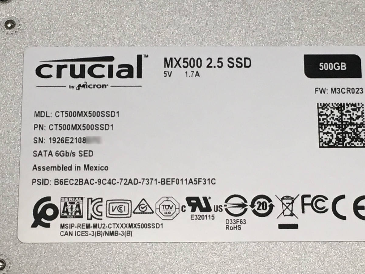☆新品同様☆Crucial CT500MX500SSD1☆500GB 2.5インチ SSD☆②