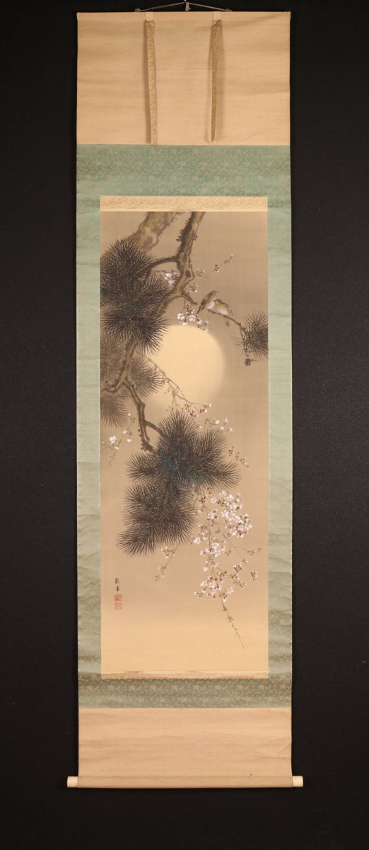 春宵 夜桜花灯篭図】水野龍年 2647 花見 掛け軸 肉筆 春宵夜桜花灯篭図