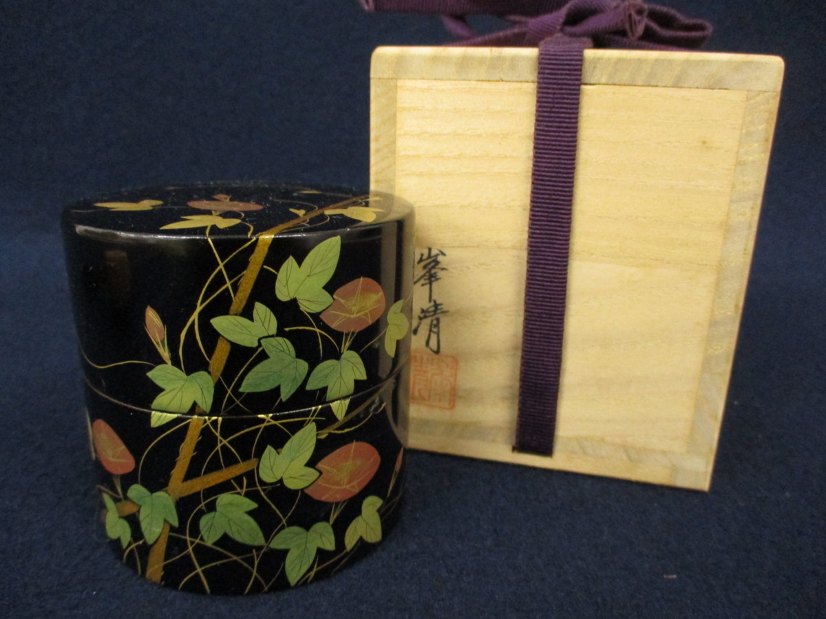 茶道具 加賀蒔絵 塗師 峯清作 花文棗 共箱 V 6182 茶道具 加賀蒔絵
