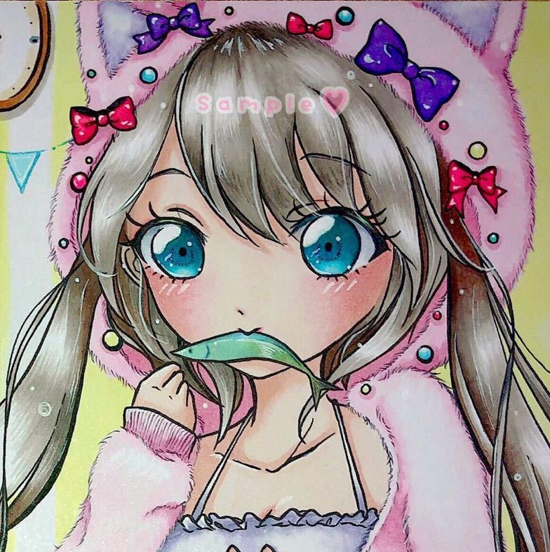 K005 手描きイラスト おさかなくわえたモフねこ 猫ランジェリー ツインテール女の子 猫耳パーカーふわふわピンク 自作イラスト 手描きイラスト 売買されたオークション情報 Yahooの商品情報をアーカイブ公開 オークファン Aucfan Com