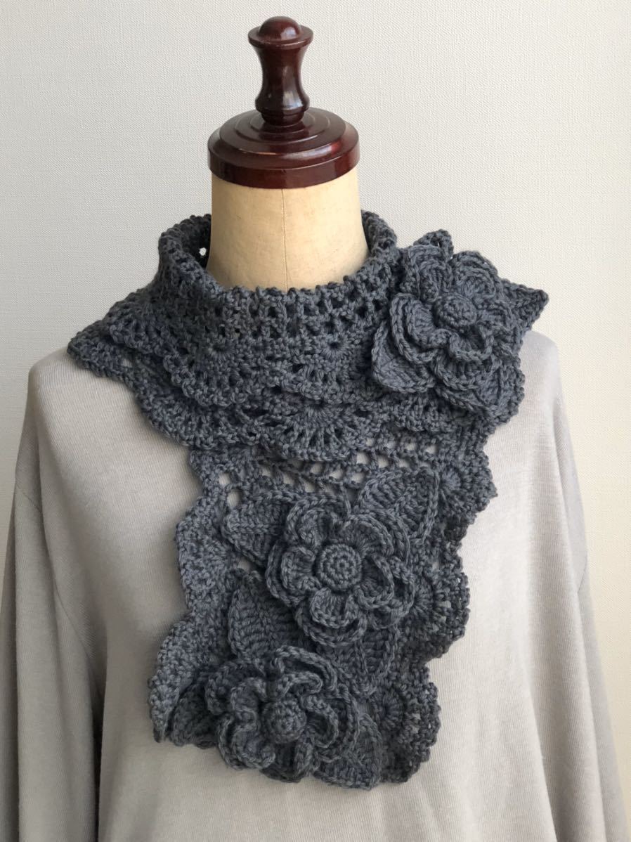 正規品，大得価 手編み 花モチーフ付ストール グレー メリノウール(その他)｜売買されたオークション情報、yahooの商品情報をアーカイブ公開 - オークファン その他