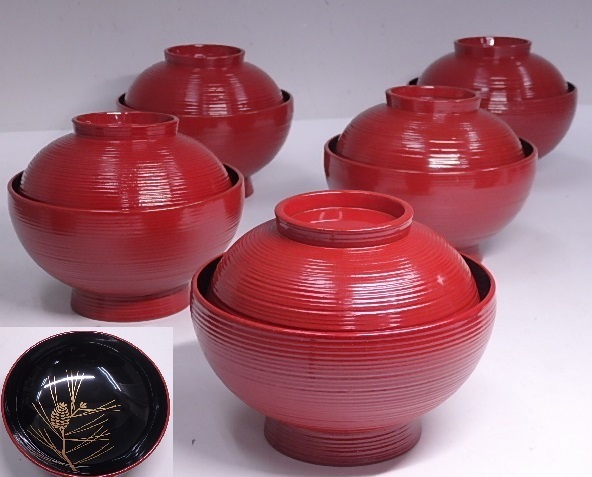 ☆美品！【欅 朱荒筋 煮物椀5客】紙箱入り 蓋裏松笠松葉の金蒔絵 木製