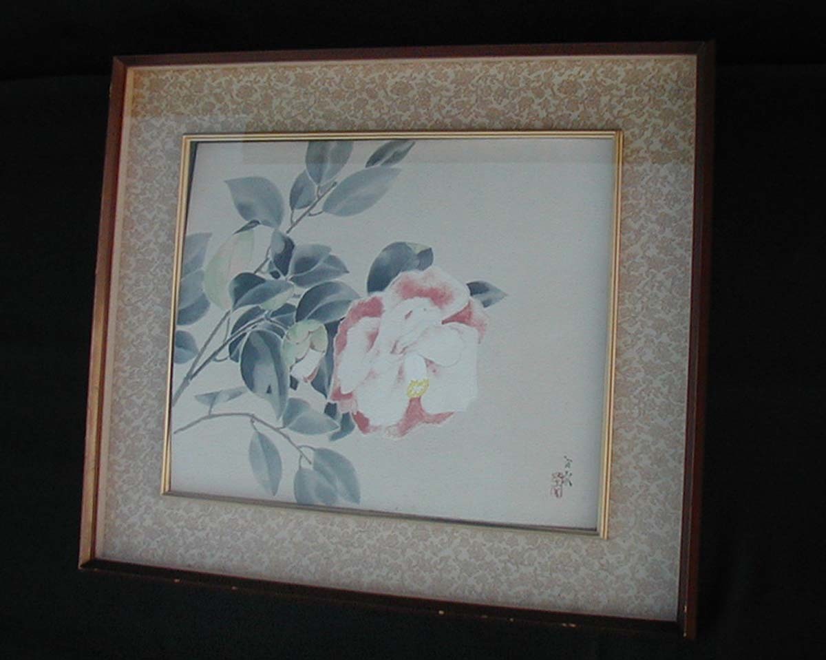 西沢笛畝 椿花図 §額装日本画家花鳥絵画真作直筆銘落款