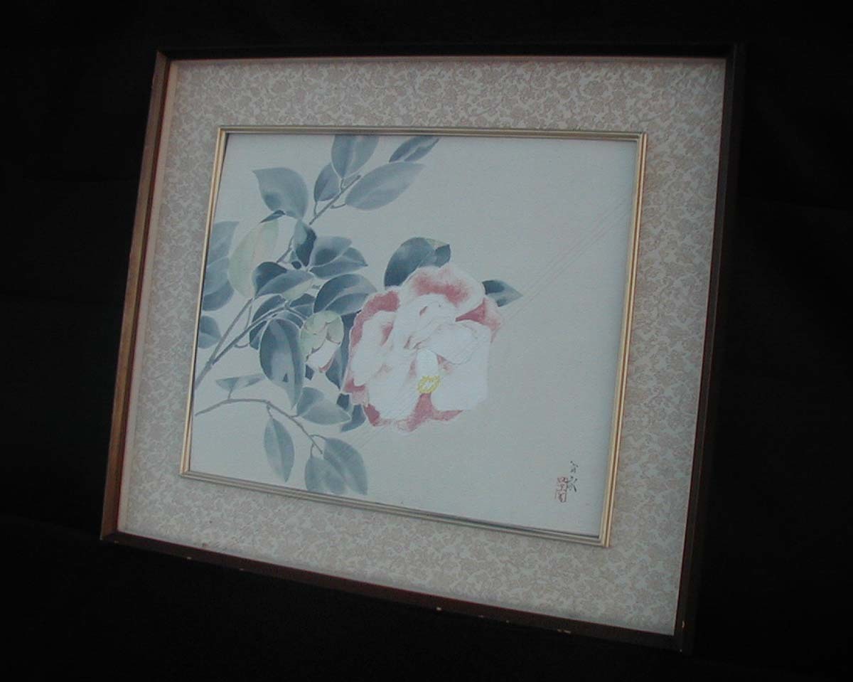西沢笛畝 椿花図 §額装日本画家花鳥絵画真作直筆銘落款人形収集家研究