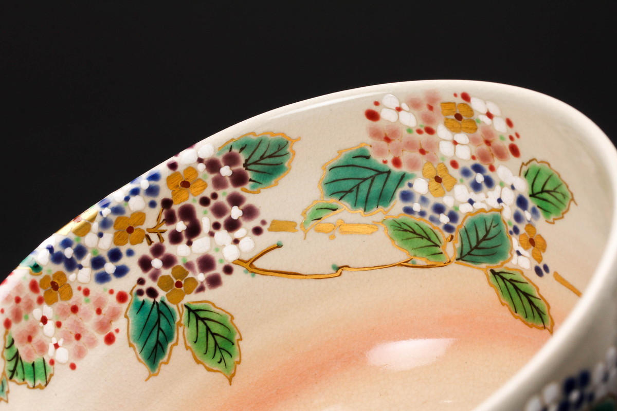 京焼　中村能久　色絵紫陽花之図　茶碗　共箱 京焼 中村能久 色絵紫陽花之図 茶碗 共箱 【公式通販】