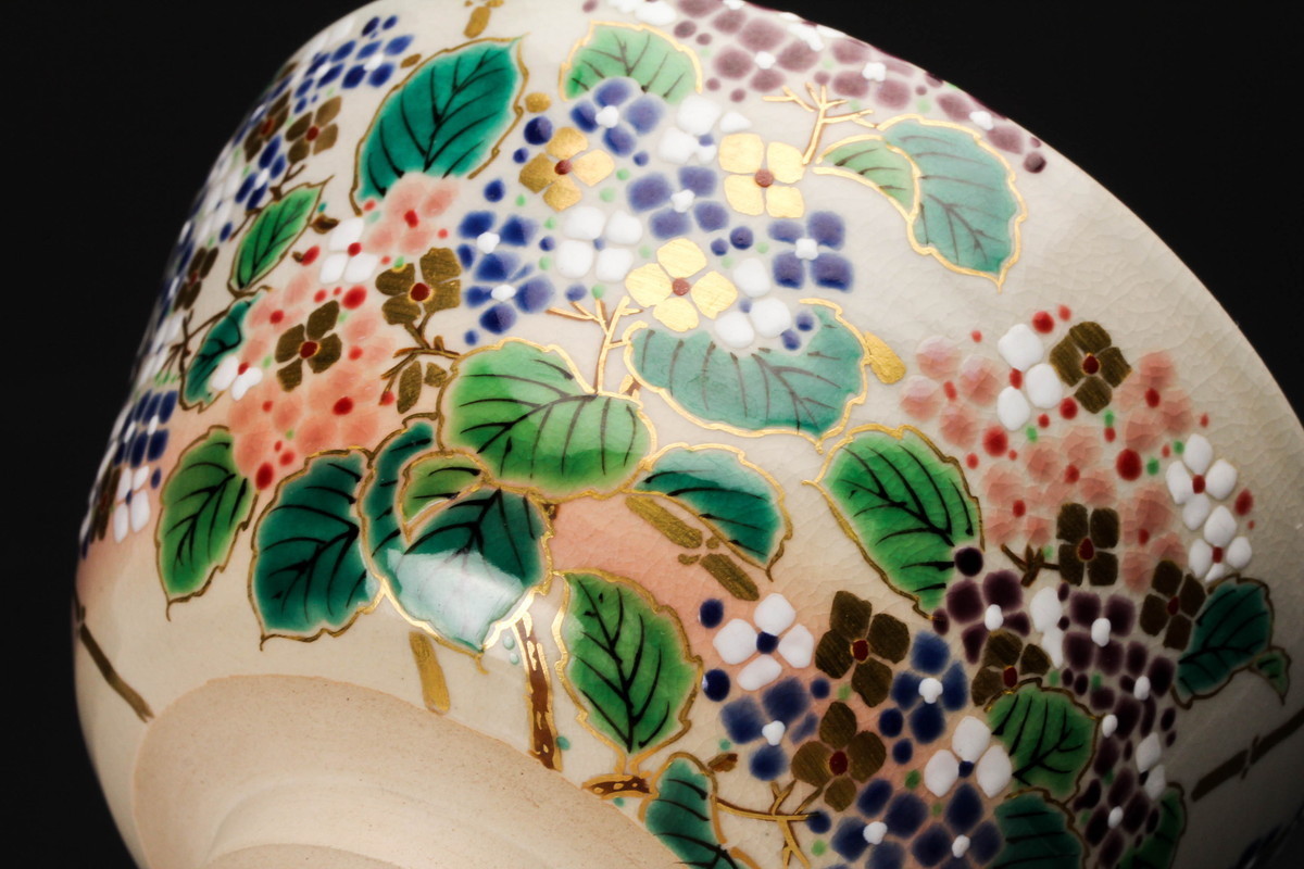 京焼　中村能久　色絵紫陽花之図　茶碗　共箱 京焼 中村能久 色絵紫陽花之図 茶碗 共箱 【公式通販】