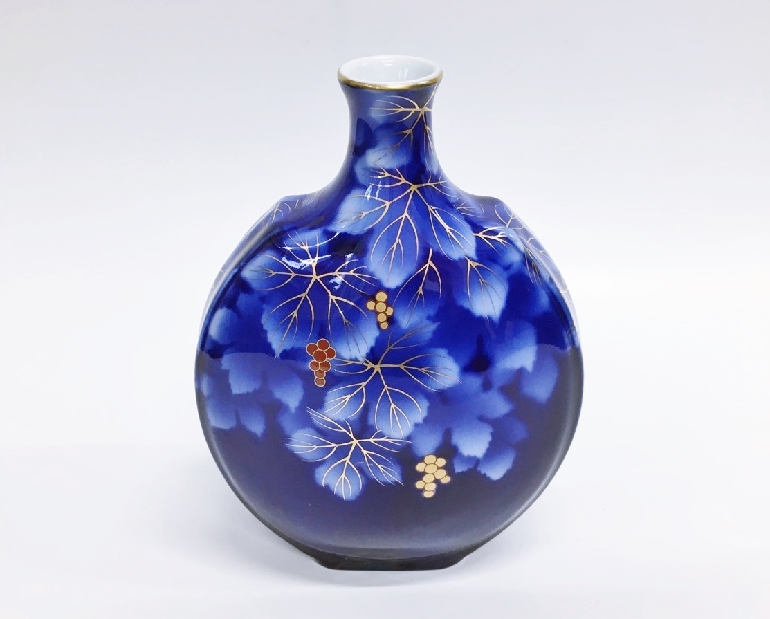 深川製磁 花瓶 瑠璃葡萄 花器 木箱付き 呉須ブドー F型9号花生 深川製