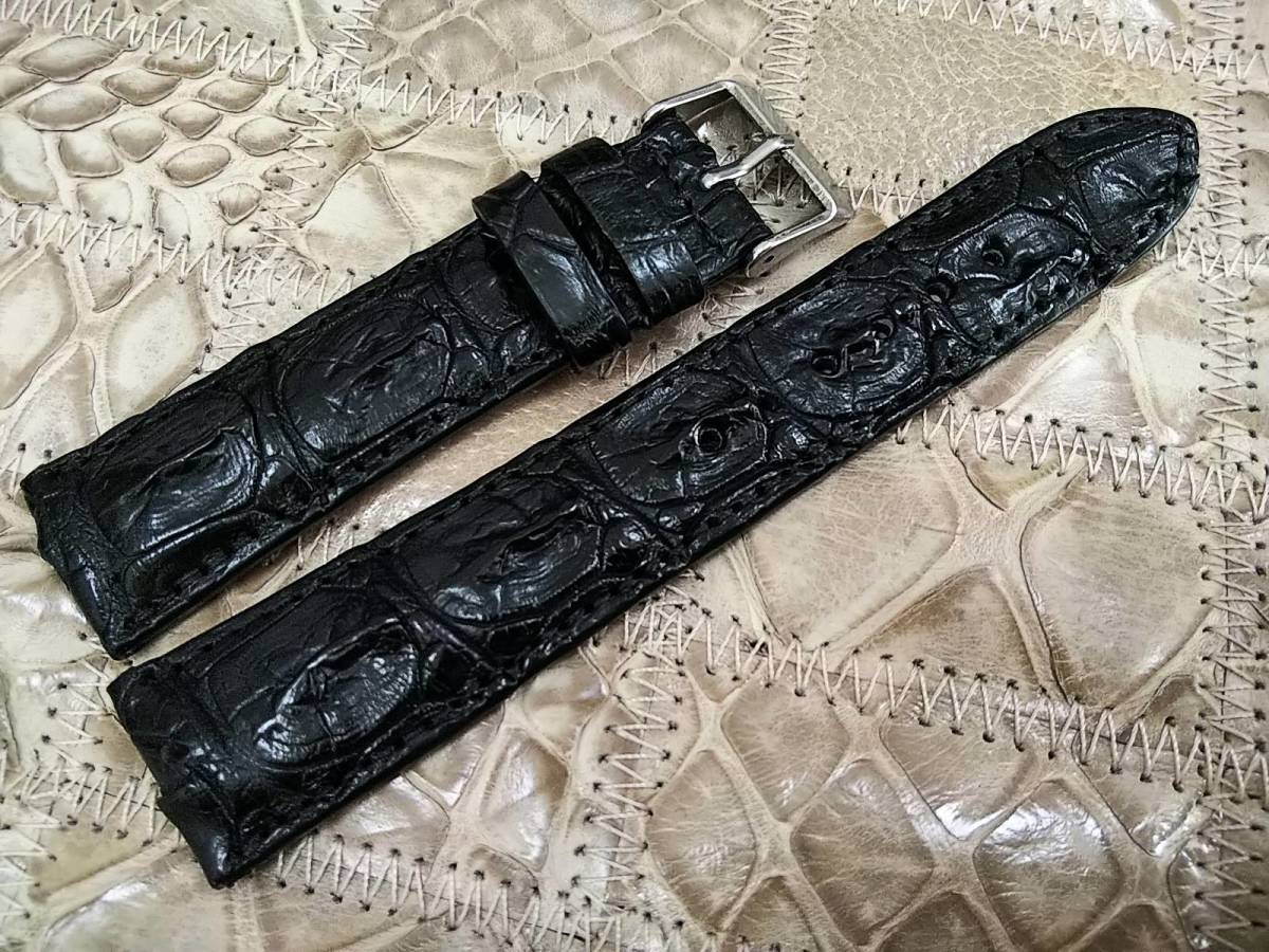 送料無料 本物クロコダイル 21-18mm 黒 上質ワニ革 腕時計用ベルト