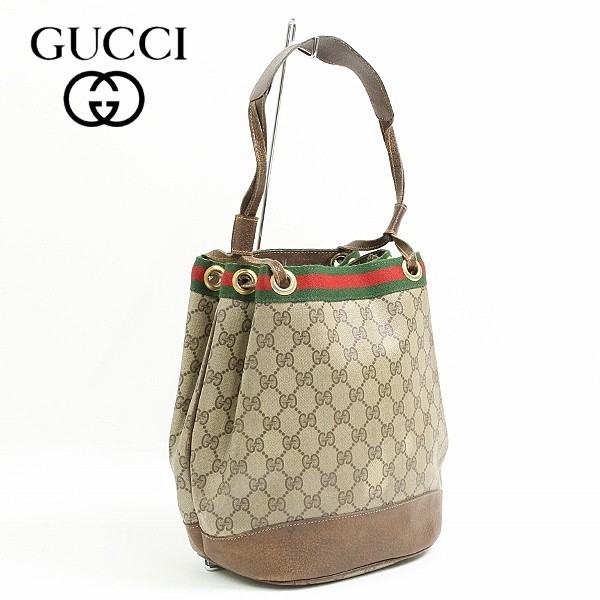 GUCCI グッチ　巾着バッグ　GG柄　オールドグッチ　PVC ヴィンテージ◇GUCCI/オールド グッチ GG柄 PVC×レザー シェリーライン