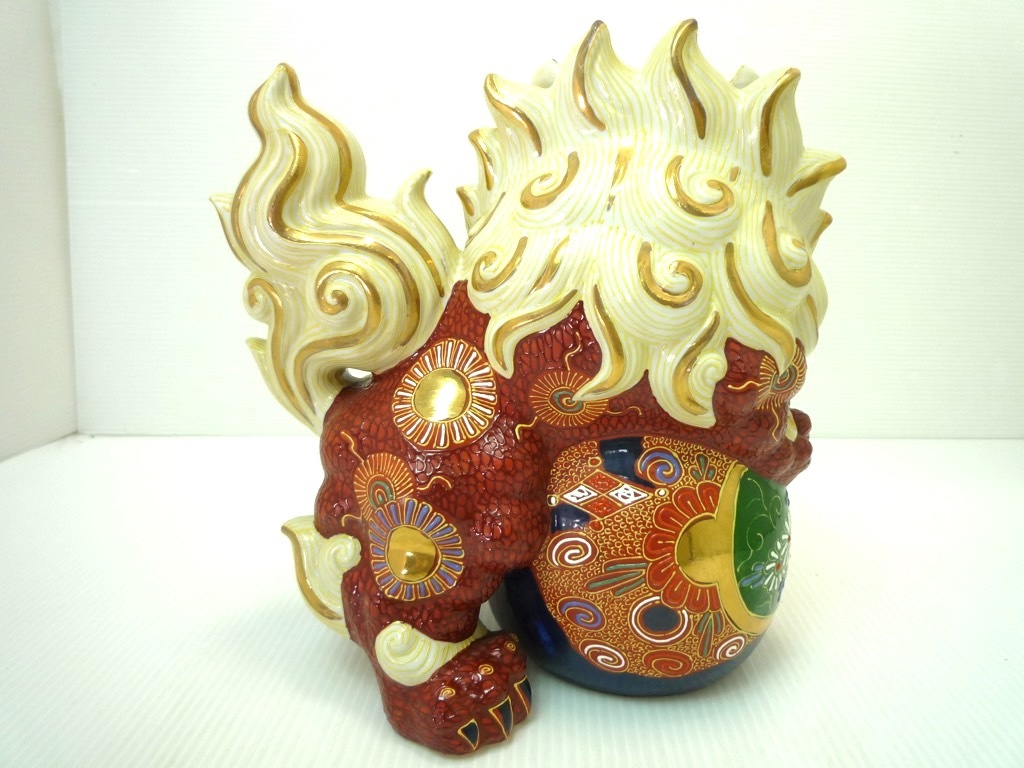 九谷焼 唐獅子 牡丹 玉乗獅子 色絵 豪華 金彩 狛犬 赤獅子 台付き 