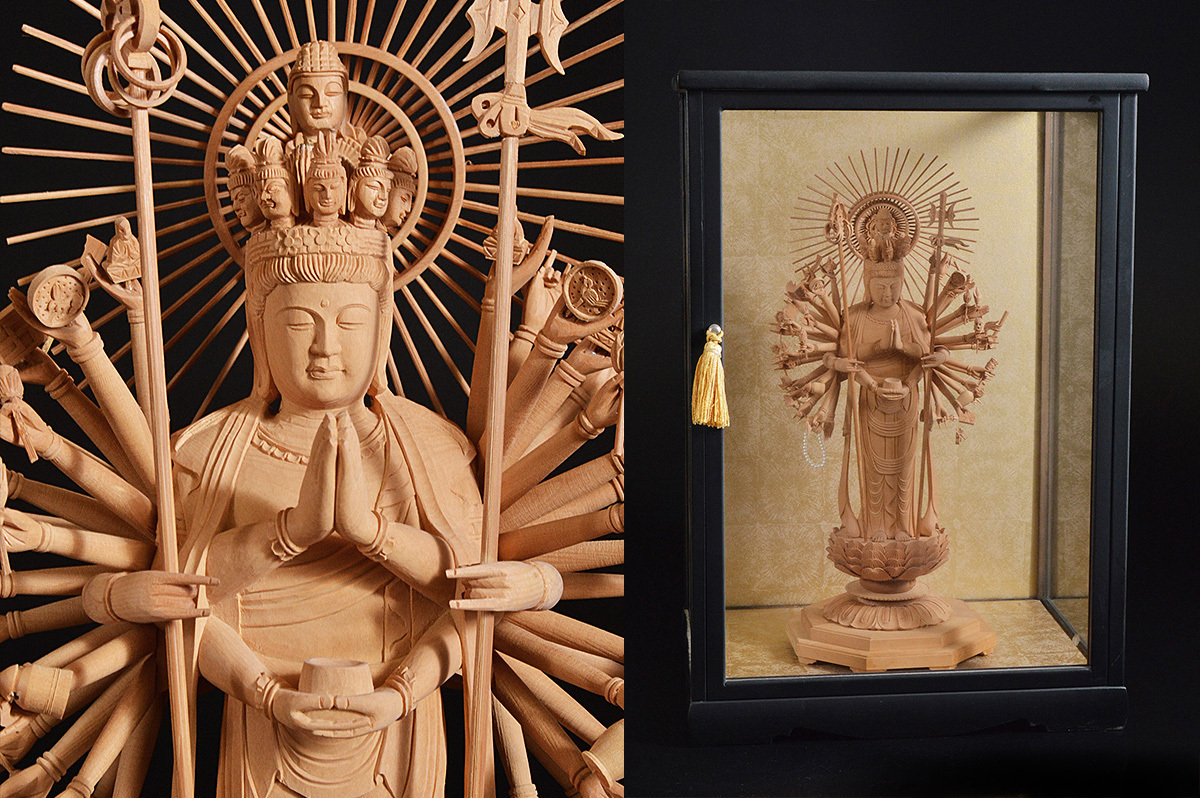 木彫　超えて行け 雲】仏教美術 極上 木彫細密彫刻千手観音 高さ37cm 古美術品（
