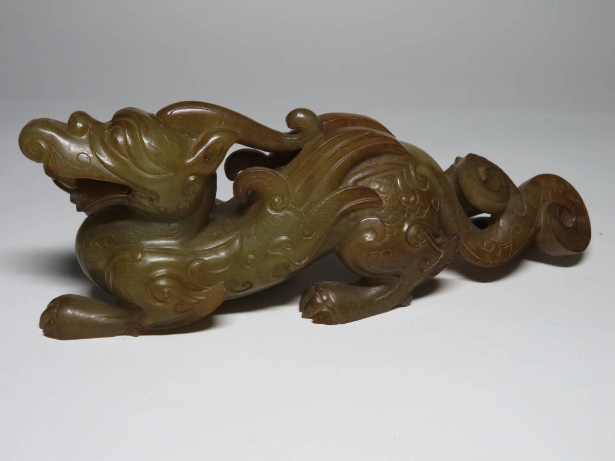 朝】中国古玩 古美術 和田玉 青白玉 彫刻細工 龍 根付 飾物 古董 時代