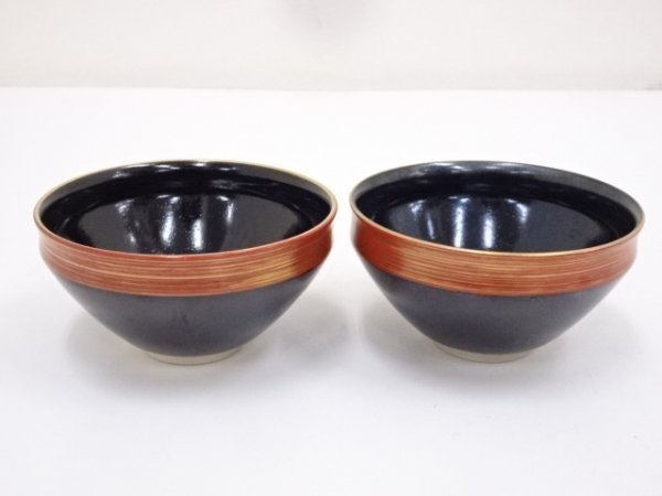 京焼 橋本城岳造 刷毛目露草文茶碗（共箱）道 ys7028396; 鳴滝窯 刷毛
