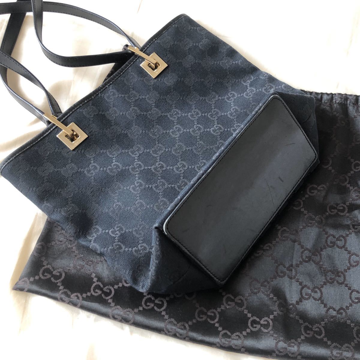 グッチ GGキャンバス×レザー ハンド トートバッグ バケツ型 ブラック 