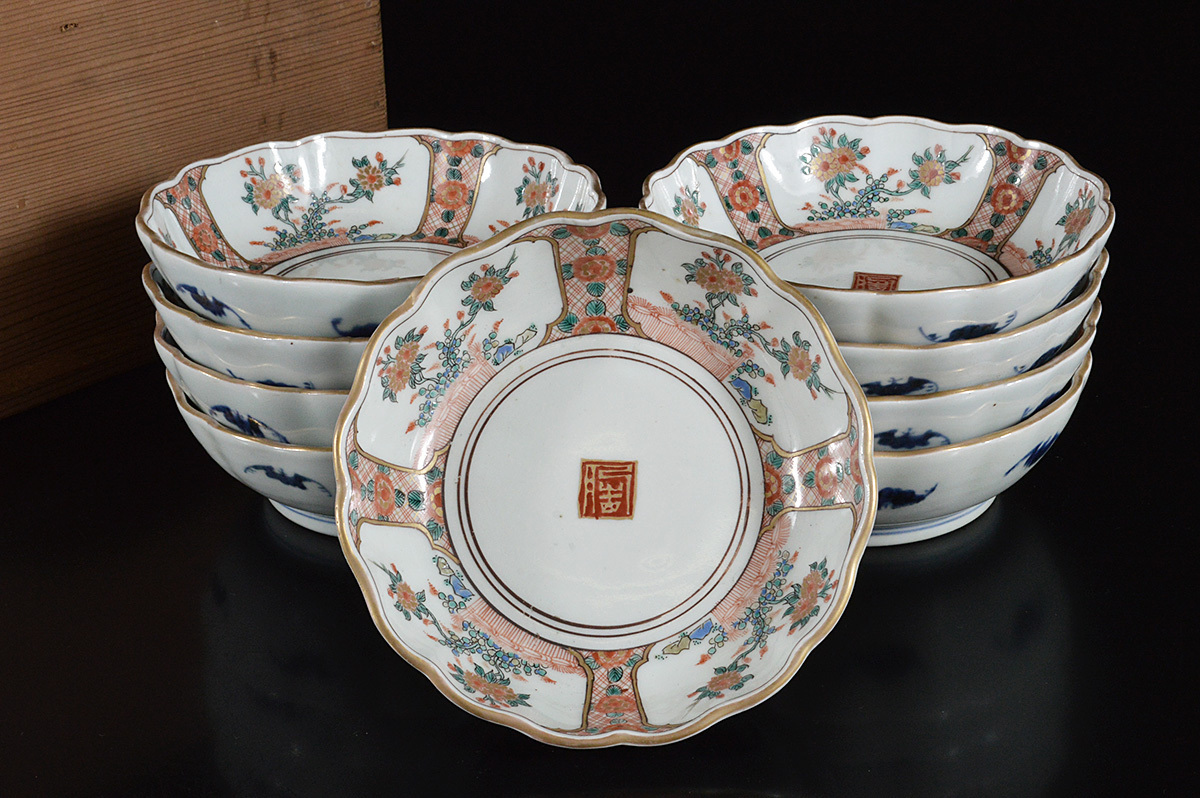 江戸時代元禄頃 5客 古伊万里（柿右衛門様式) 色絵唐花文桔梗形向付 古 