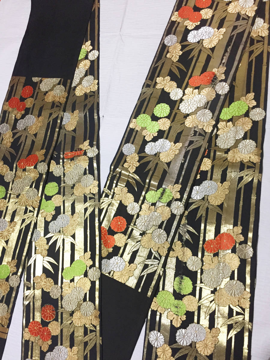 舞妓 だらり帯 黒地織帯 金色竹に菊模様（検索用キーワード：裾引き