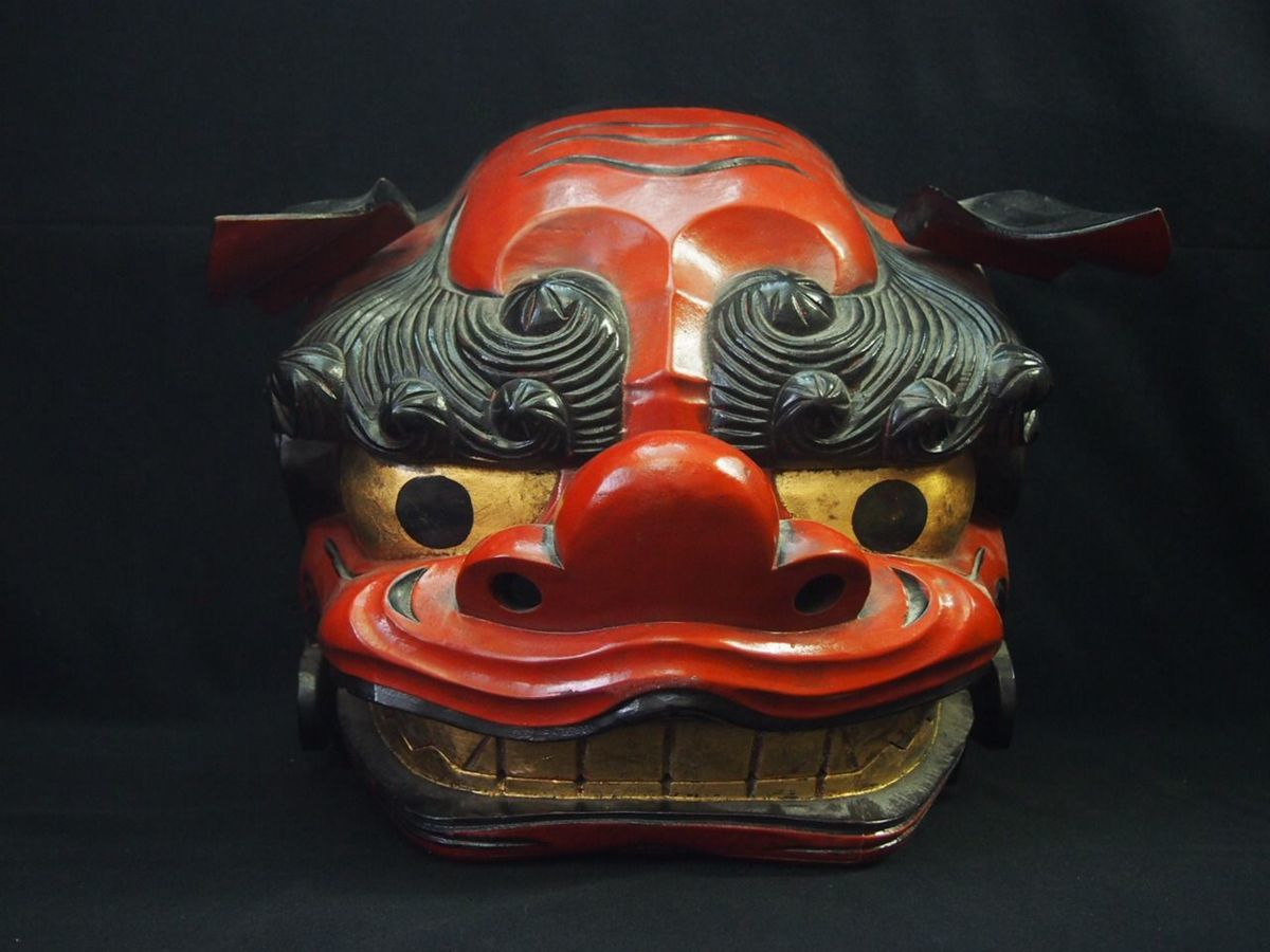 ma-537 獅子頭 木彫彫刻 彩色 獅子舞 神楽 魔除け 縁起物 正月飾り