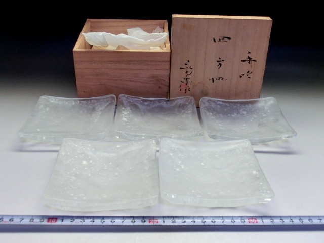 皿□四方皿【藤田喬平】手吹ガラス 銘々皿 涼しげな硝子皿 透明 四角 5