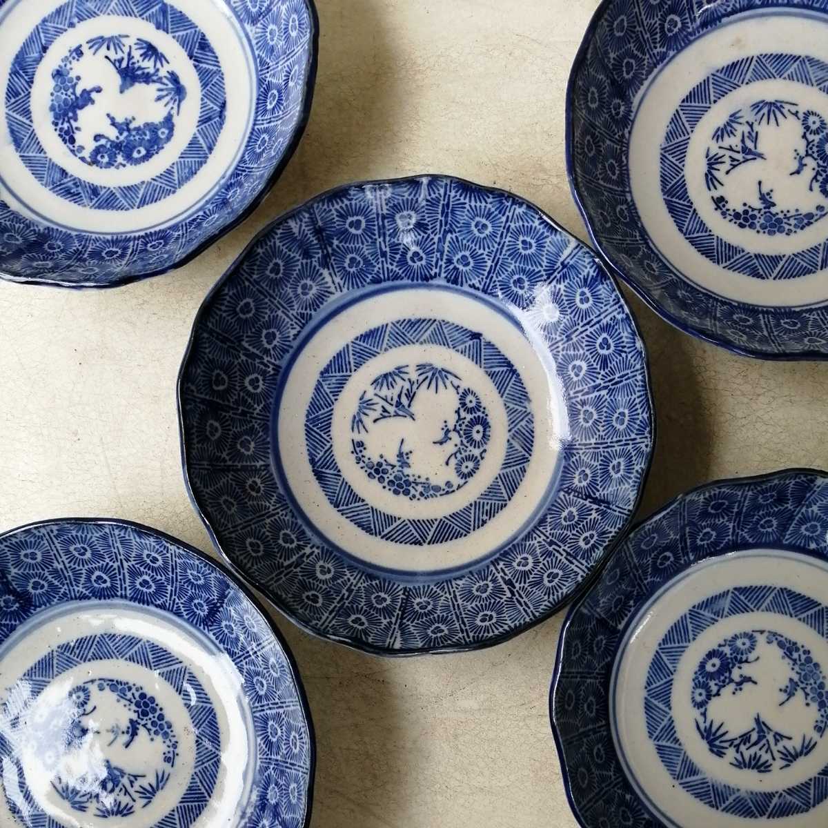 古伊万里 なます皿 染付 膾皿 蛸唐草 五枚組 見込み松竹梅