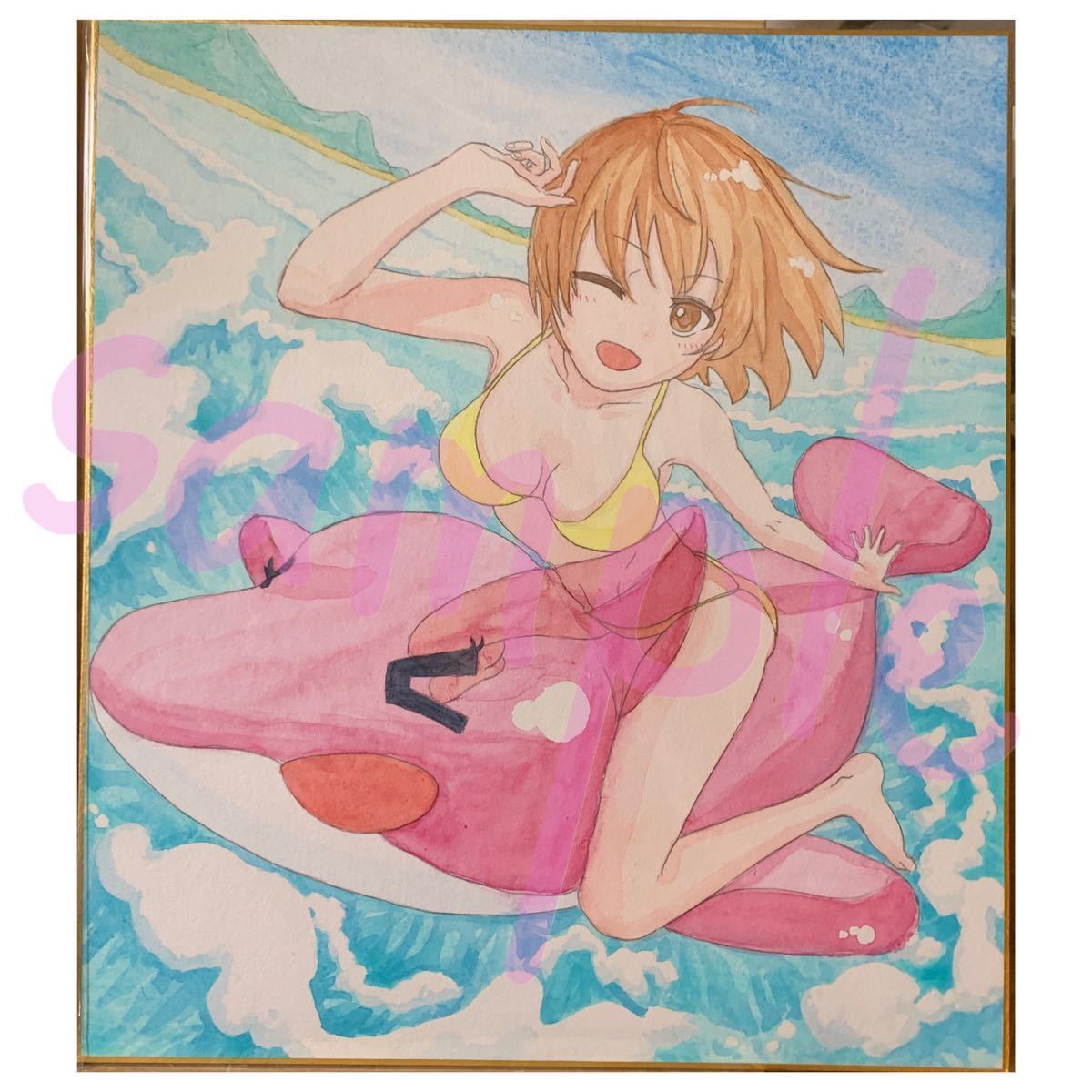 自作手描きイラスト オリジナル 女の子 2枚セット水着 海 ビキニ