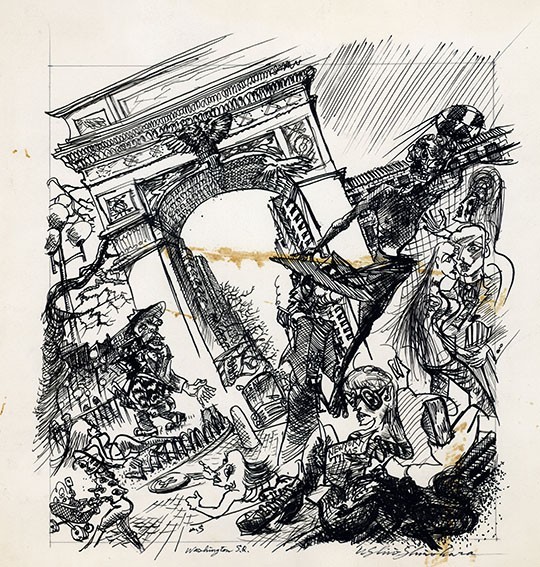 篠原有司男作品「Washington S.Q」　インク　紙　サイン、タイトル