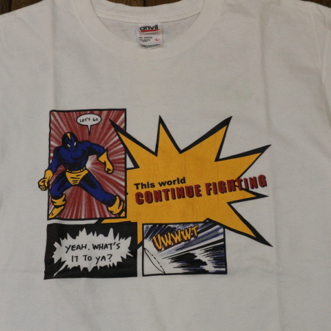 90s This World Continue Fighting Tシャツ L アメコミ風 ヒーロー イラスト 両面 セリフ パロディ キャラクター MARVEL DCcomics USA古着