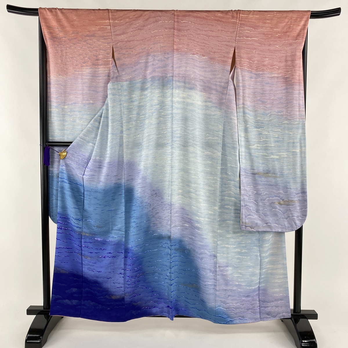 M27-6 新品保管品 岩田専太郎 正絹 振袖 仮絵羽 未仕立 オレンジ 紫陽花 振袖 名品 岩田 専太郎 雲海 金糸 青紫 袷 身丈160.5cm 裄丈67cm M