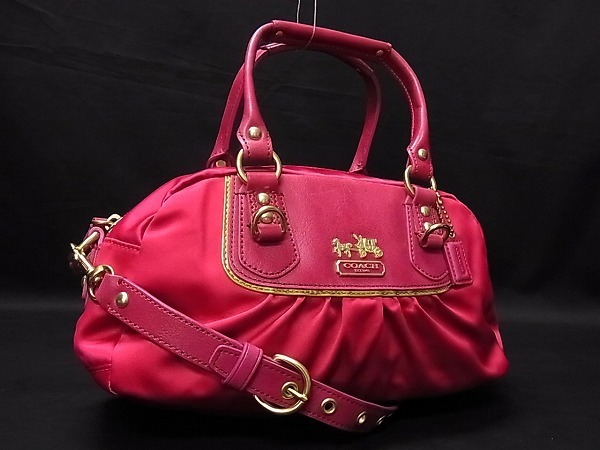 本物保証，限定セール 1円 極 COACH コーチ ロゴ 12927 サテン&times;レザー ゴールド金具 2WAY ハンドバッグ ショルダーバッグ レディース ピンク系 I1896SN(ハンドバッグ)｜売買されたオークション情報、yahooの商品情報を かばん、バッグ