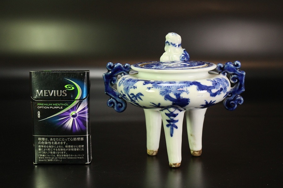 金閣】時代 青華 三足獅子蓋 香炉 旧家蔵出(FU396) アンティーク