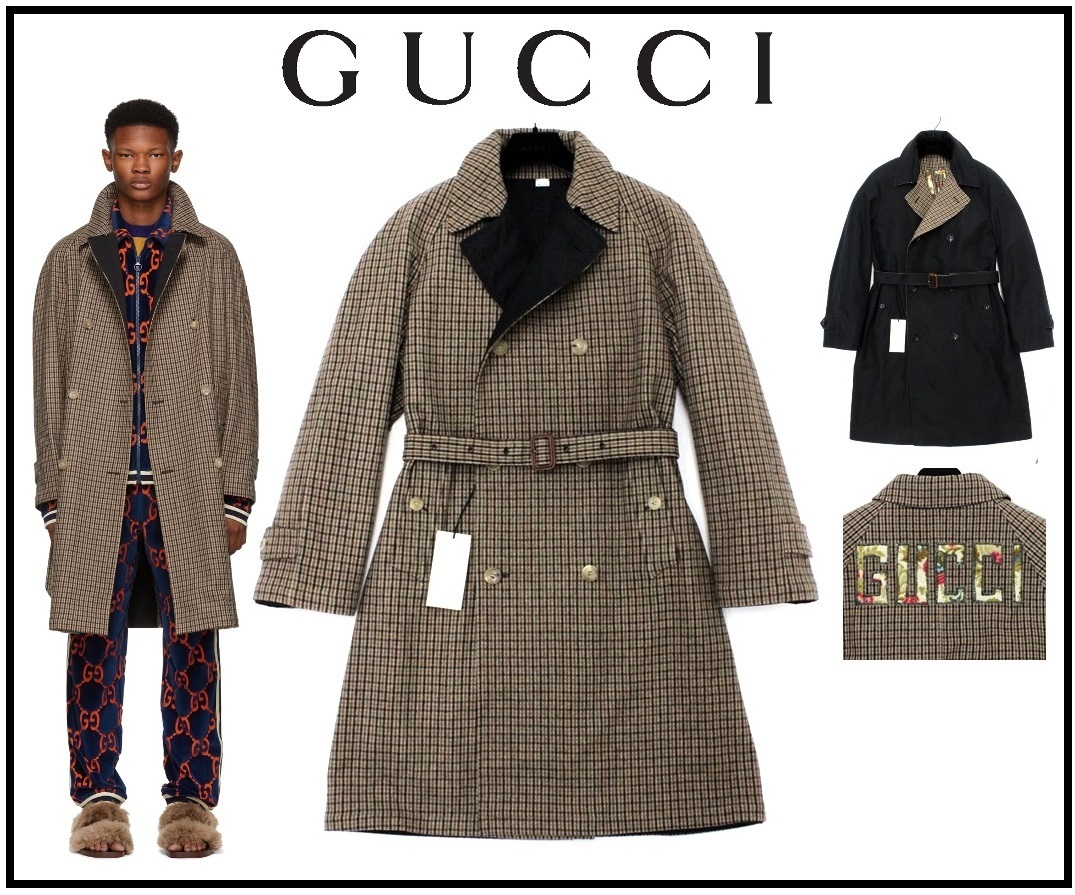 48万新品◇46=S◇GUCCI グッチ 茶系チェックウールリバーシブル 