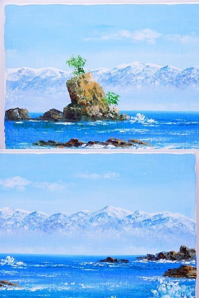 ♯ 肉筆 小林幸三 [雨晴海岸] 油彩 風景画 F6号 在銘 額装入り!! 神戸 