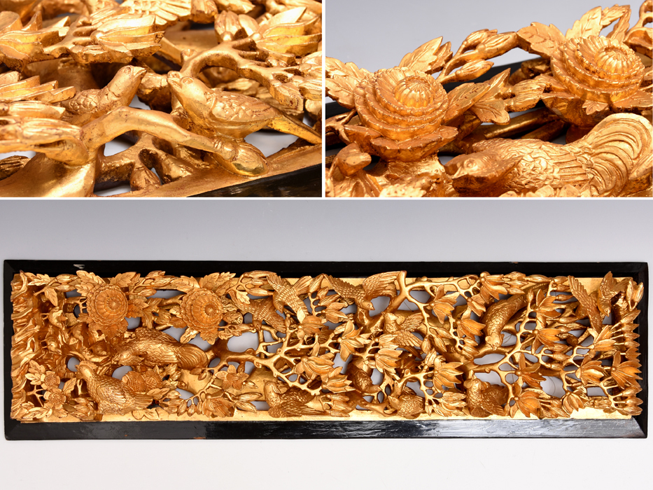 透かし彫花鳥図欄間 ランマ 欄間彫刻 金彩 横幅80㎝ 欄間 木製 彫刻額