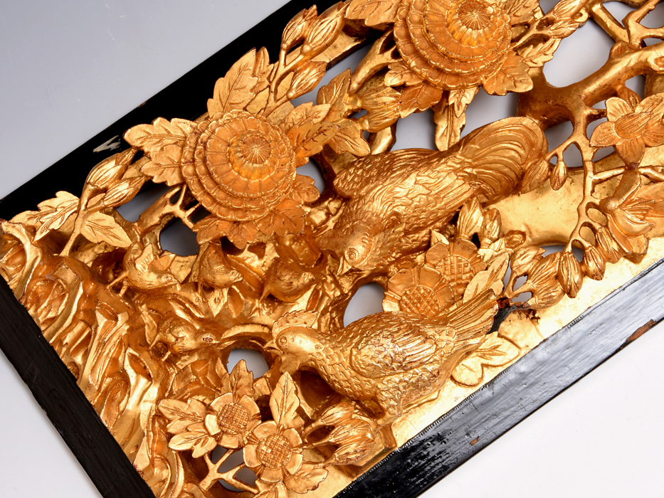 透かし彫花鳥図欄間 ランマ 欄間彫刻 金彩 横幅80㎝ 欄間 木製 彫刻額