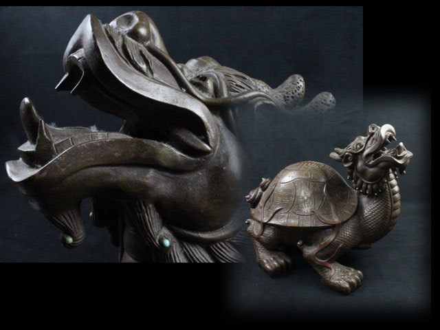 □拳□ 初だし品／中国古玩 唐物 古銅造 玄武 置物 時代物 迫力の大き 