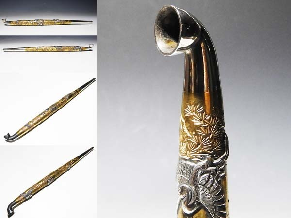 工芸品 煙管 美術品 コレクション 高級 鶴亀 90g ⁄ 銀製 キセル 在銘 銀