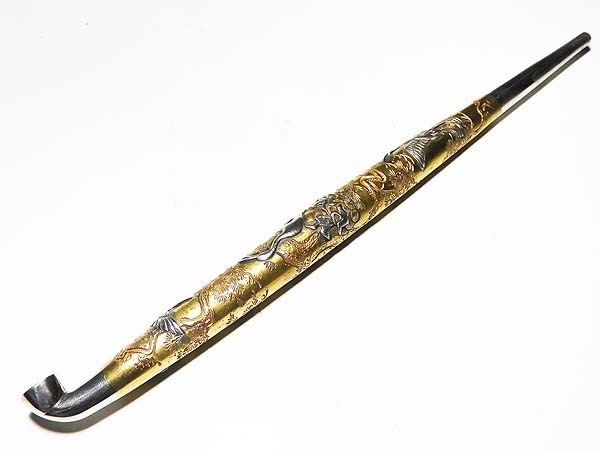 工芸品 煙管 美術品 コレクション 高級 鶴亀 90g ⁄ 銀製 キセル 在銘 銀