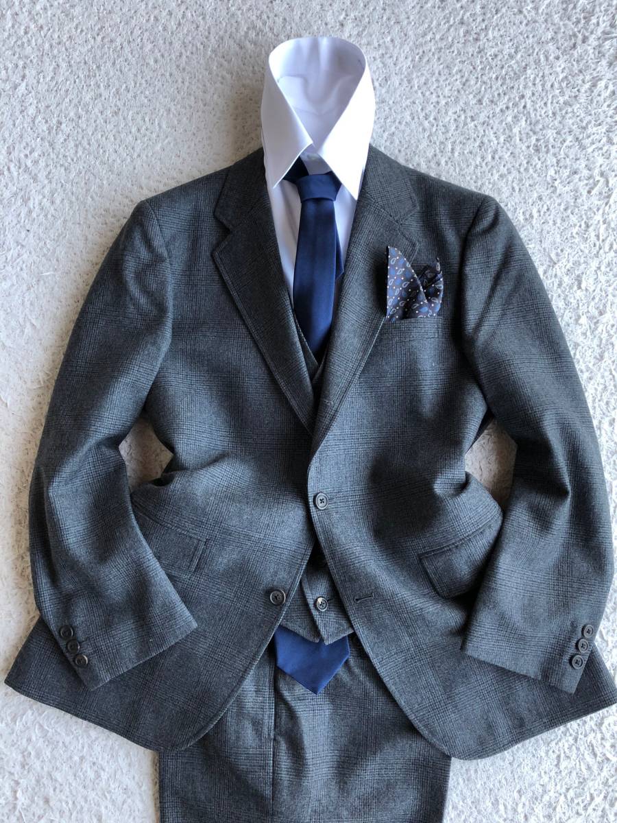 美品】Jプレス 3ピース ウール 段返り3B グレンチェック スーツ J