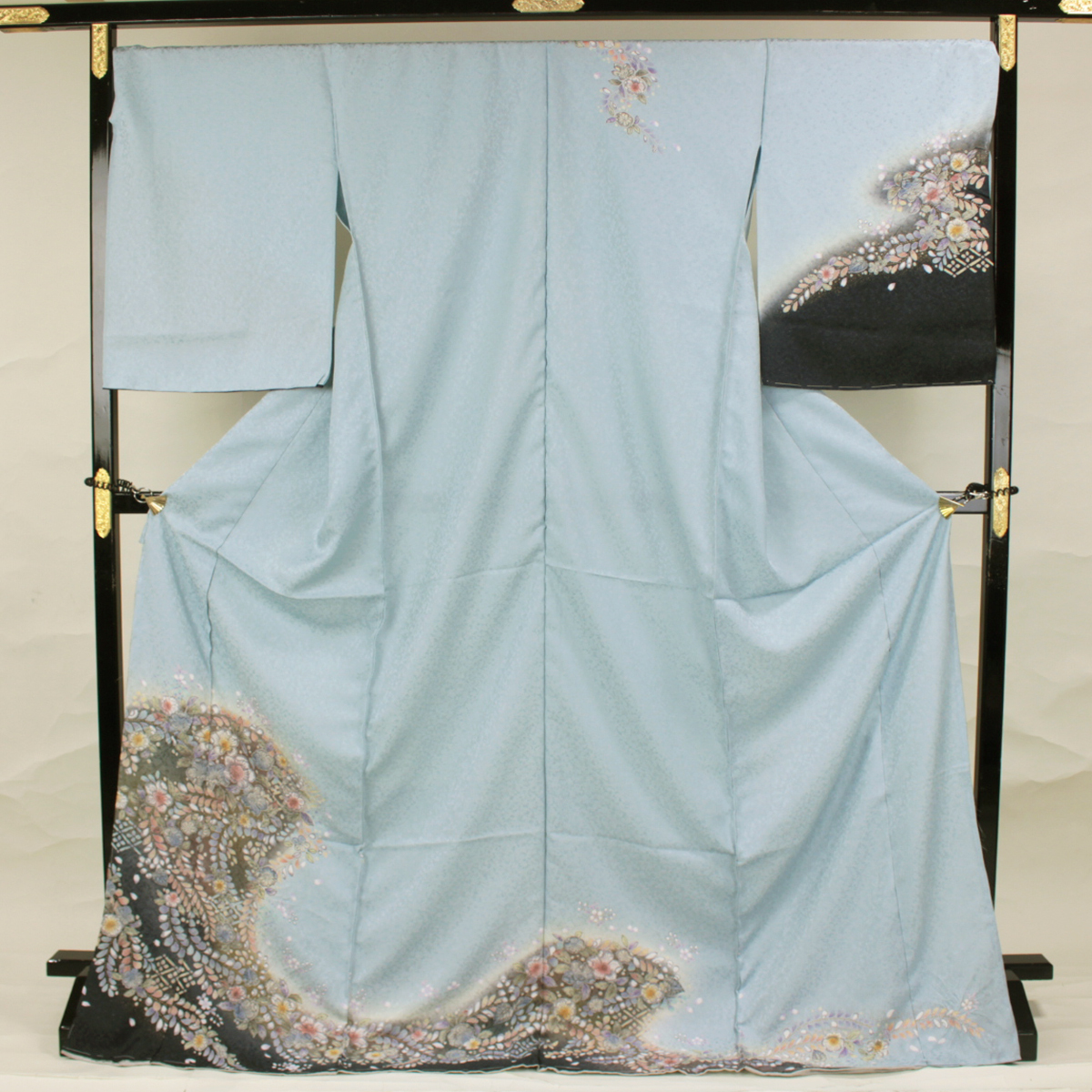辻が花 正絹 訪問着 仕立て上がり 水色 翠山工房 着物 金彩友禅水色地に