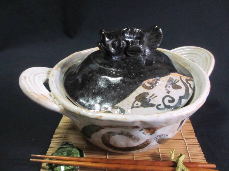 土鍋 ■ 陶芸作家 佐藤和次作 黒織部 青海波文 深土鍋 (2人用) S-519a